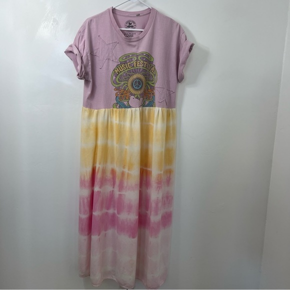 Colorful t shirt Tie-Dye Maxi Dress with off center split, festival dress sz L - Picture 5 of 10